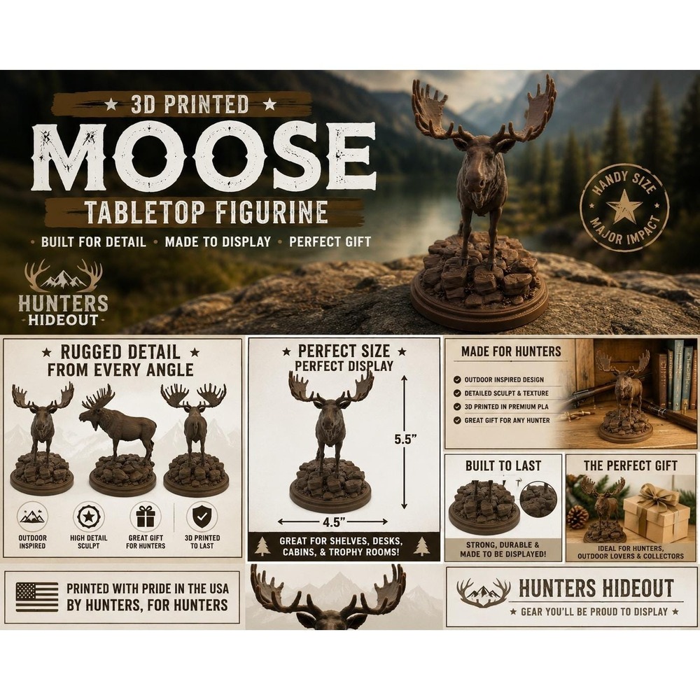 Hunters Hideout 3D Printed Moose Tabletop Figurine Brown Wildlife Decor 5.5in